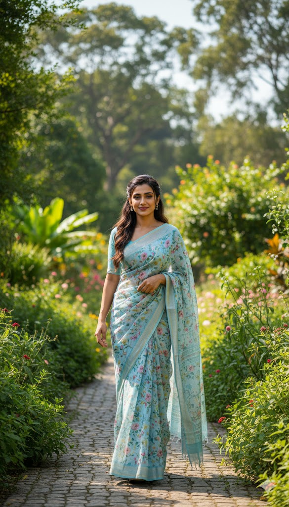 Cotton Printed Saree Look in Garden Scene – Natural Outdoor Portrait