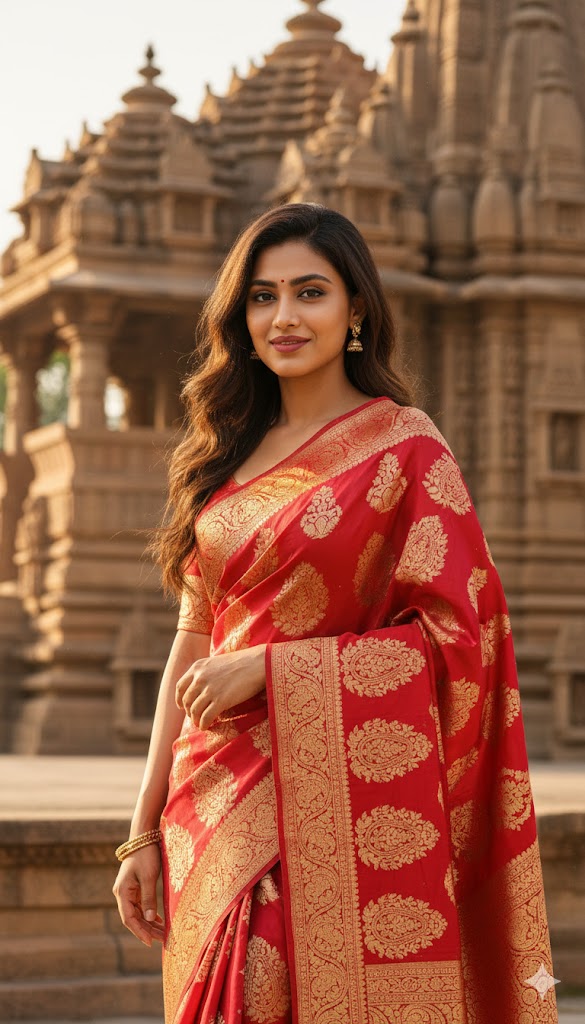 Elegant Banarasi Saree Look in Traditional Indian Temple Background – Beautiful Woman Portrait Photography