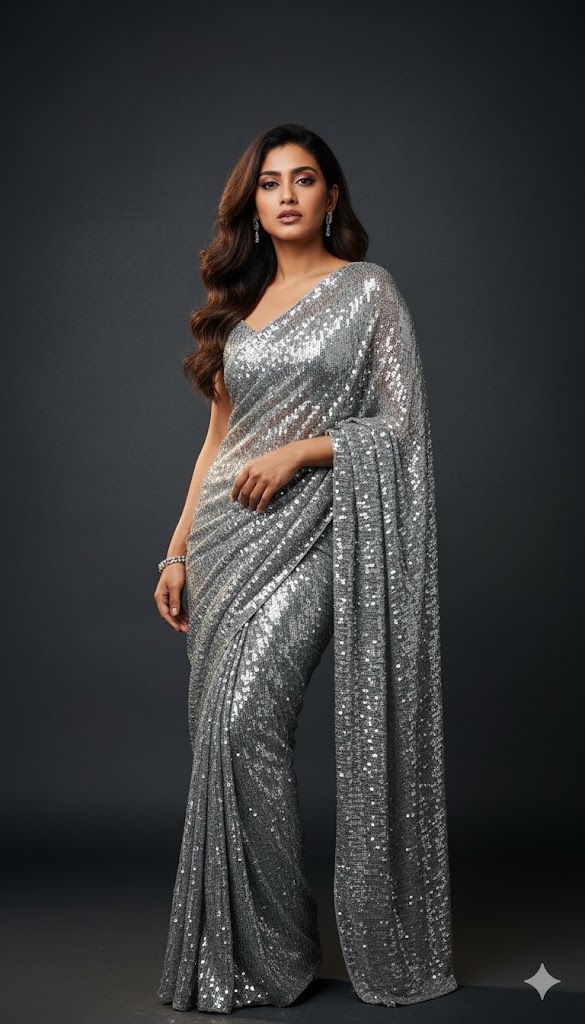 Modern Sequin Saree Look in Fashion Studio – Glamorous Photoshoot