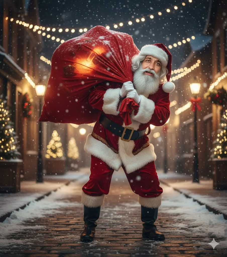 Santa Struggling with Heavy Gifts