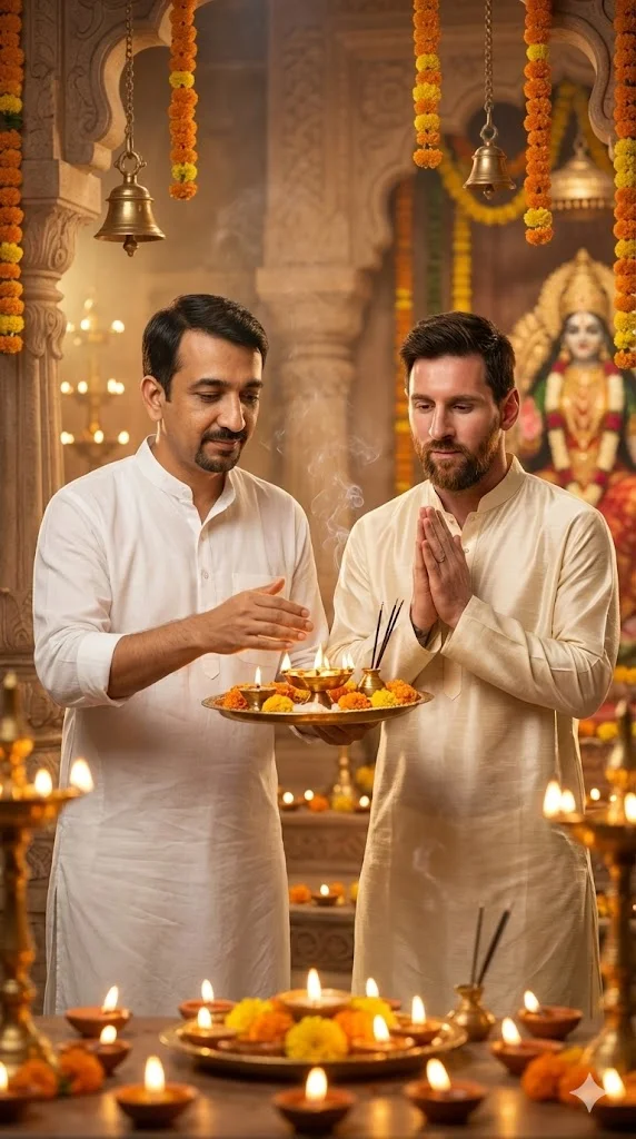 user performing aarti with lionel messi poster image prompt 1