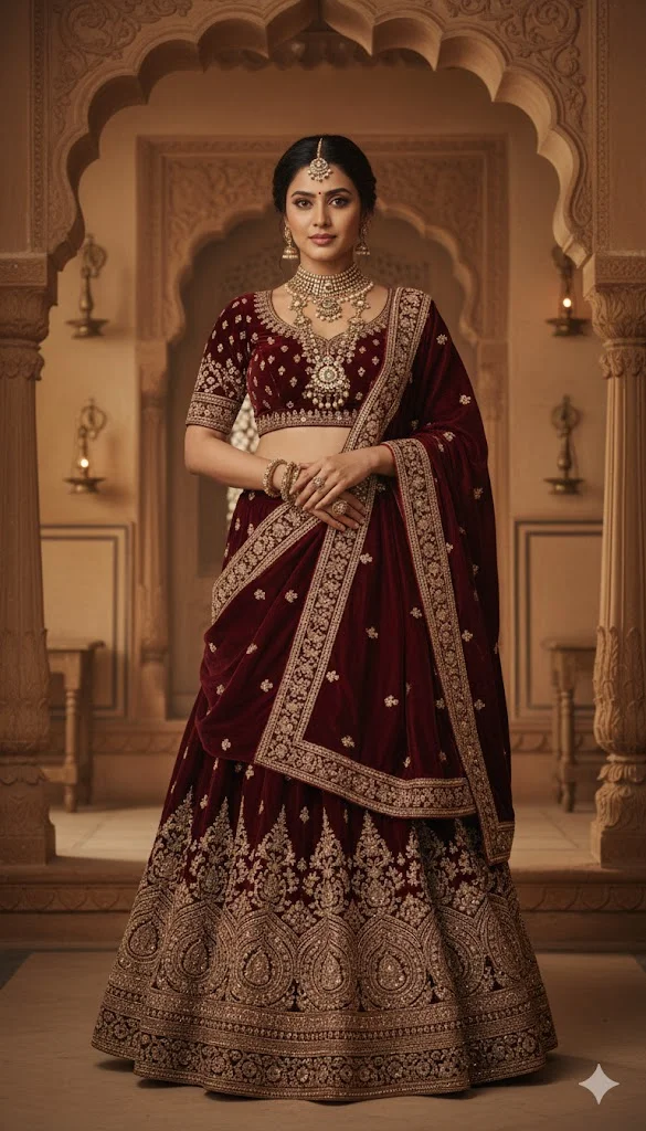 Home 10 Maroon Velvet Lehenga – Classic Bollywood