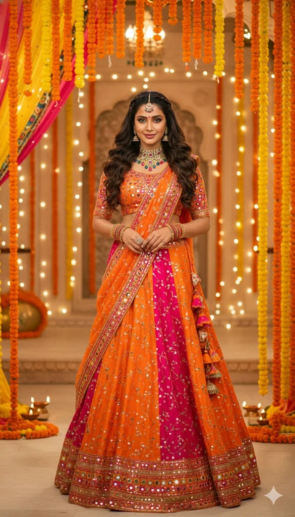 Home 12 Orange & Pink Festive Lehenga Dress the subject in a vibrant orange and pin
